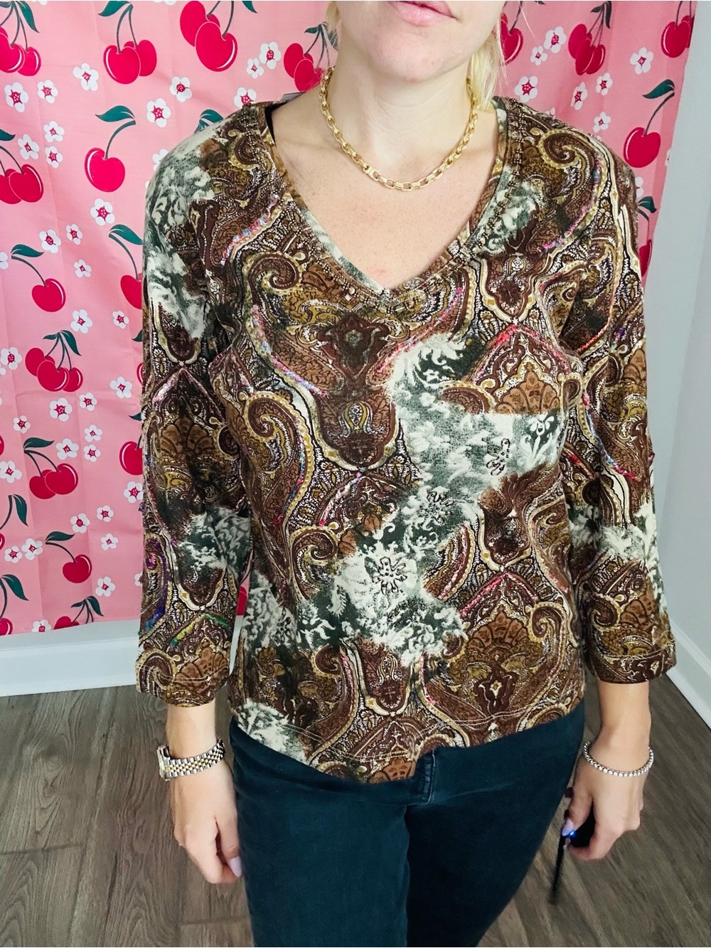 Chico's Brown Multi Paisley V-Neck Long Sleeve Top